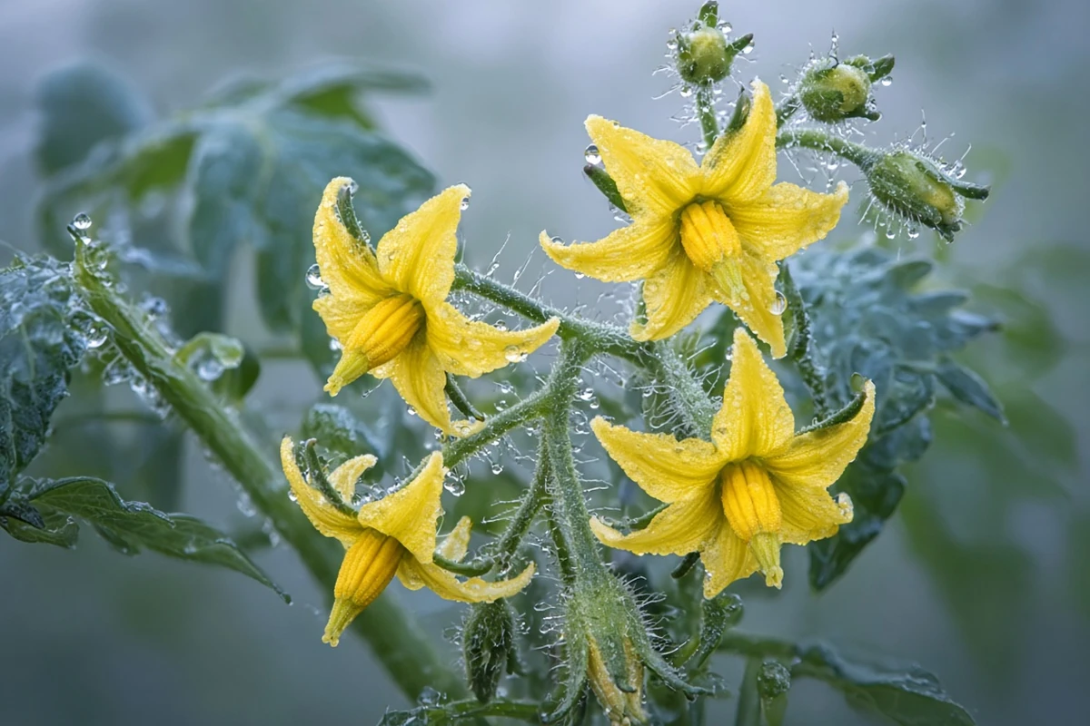Tomato flowers opening on a cool morning