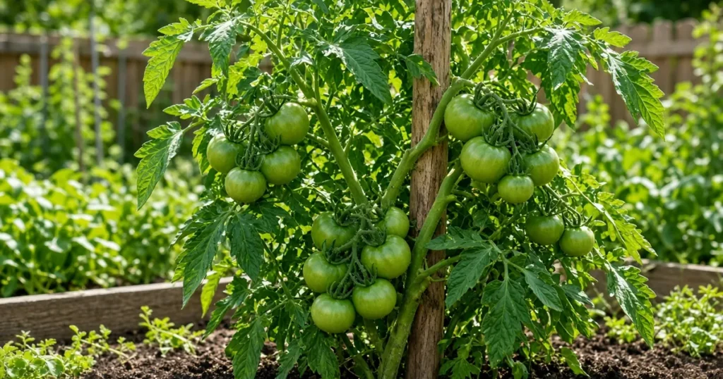 Tomato plant with green fruit