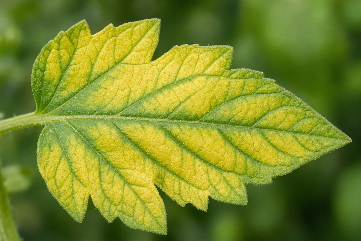 Tomato leaf with yellow between veins