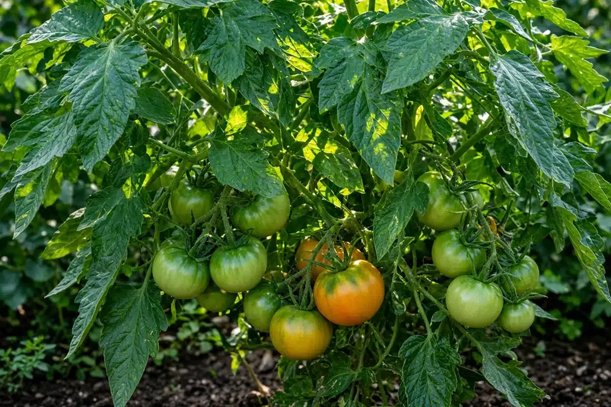 Tomato plant with leafy cover shading fruit