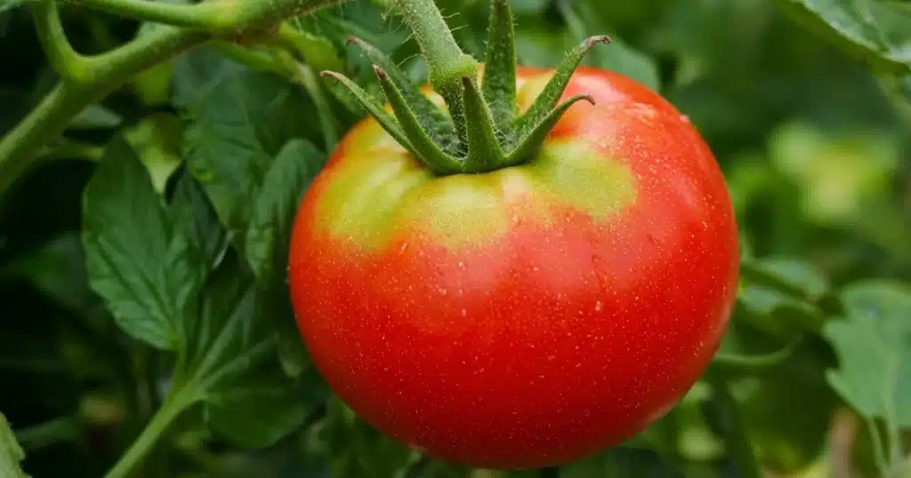 Ripe red tomato with yellow shoulders near the stem