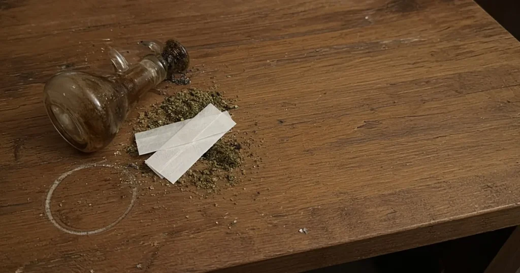 Messy table with a dirty bong, loose papers and ground weed