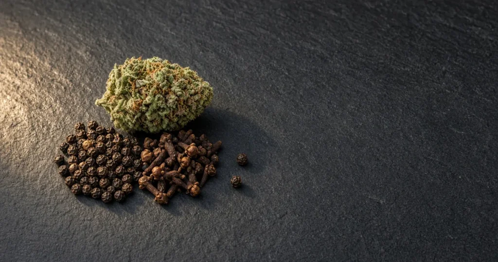 Black peppercorns, cloves and a cannabis bud on slate