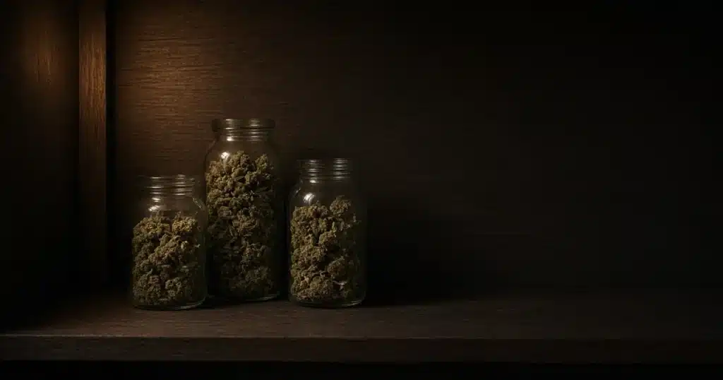 Glass jars of cured cannabis buds on a dark shelf