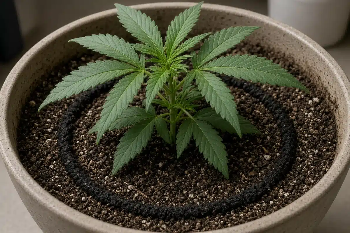 Neat ring of dark worm castings laid across the soil surface of a potted cannabis plant indoors
