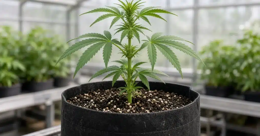Granular amendments scattered over the soil of a tall cannabis plant potted in a fabric container inside a greenhouse
