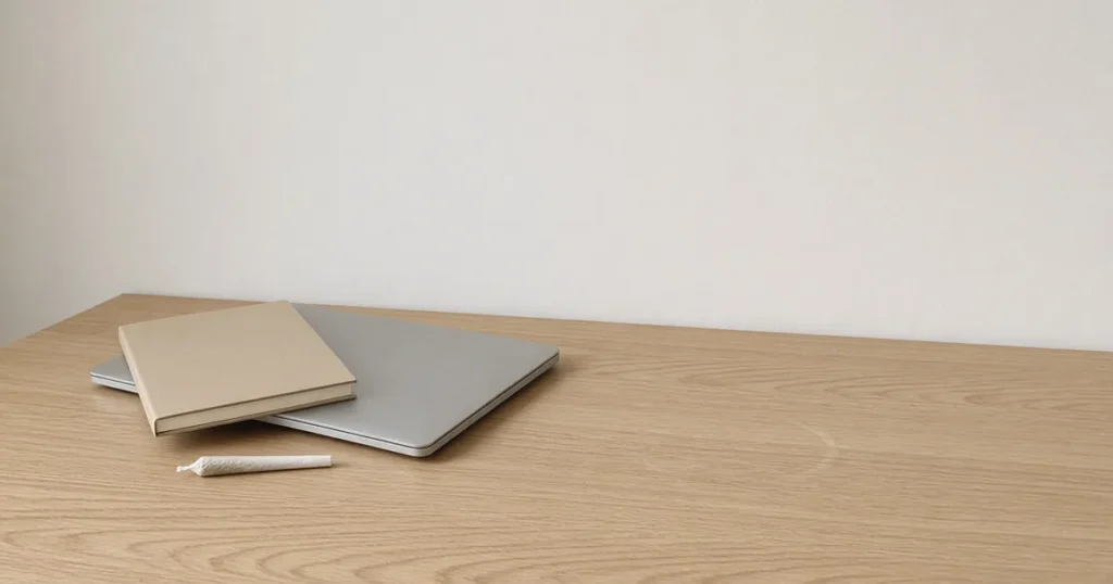 Tidy desk with laptop, notebook and a pre-rolled joint