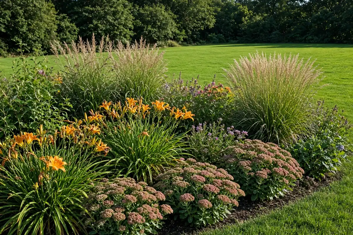 Tough perennial bed beside an open lawn