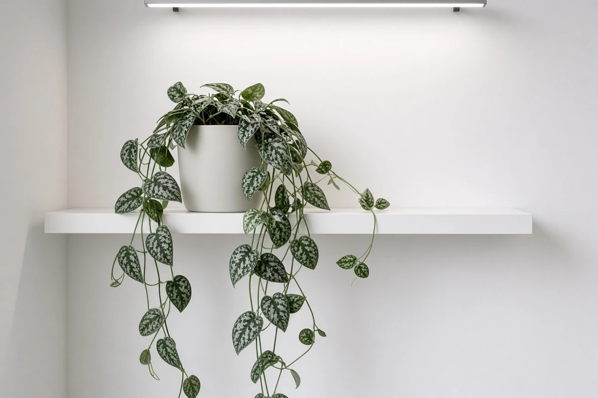 Trailing scindapsus on a shelf with a light bar above