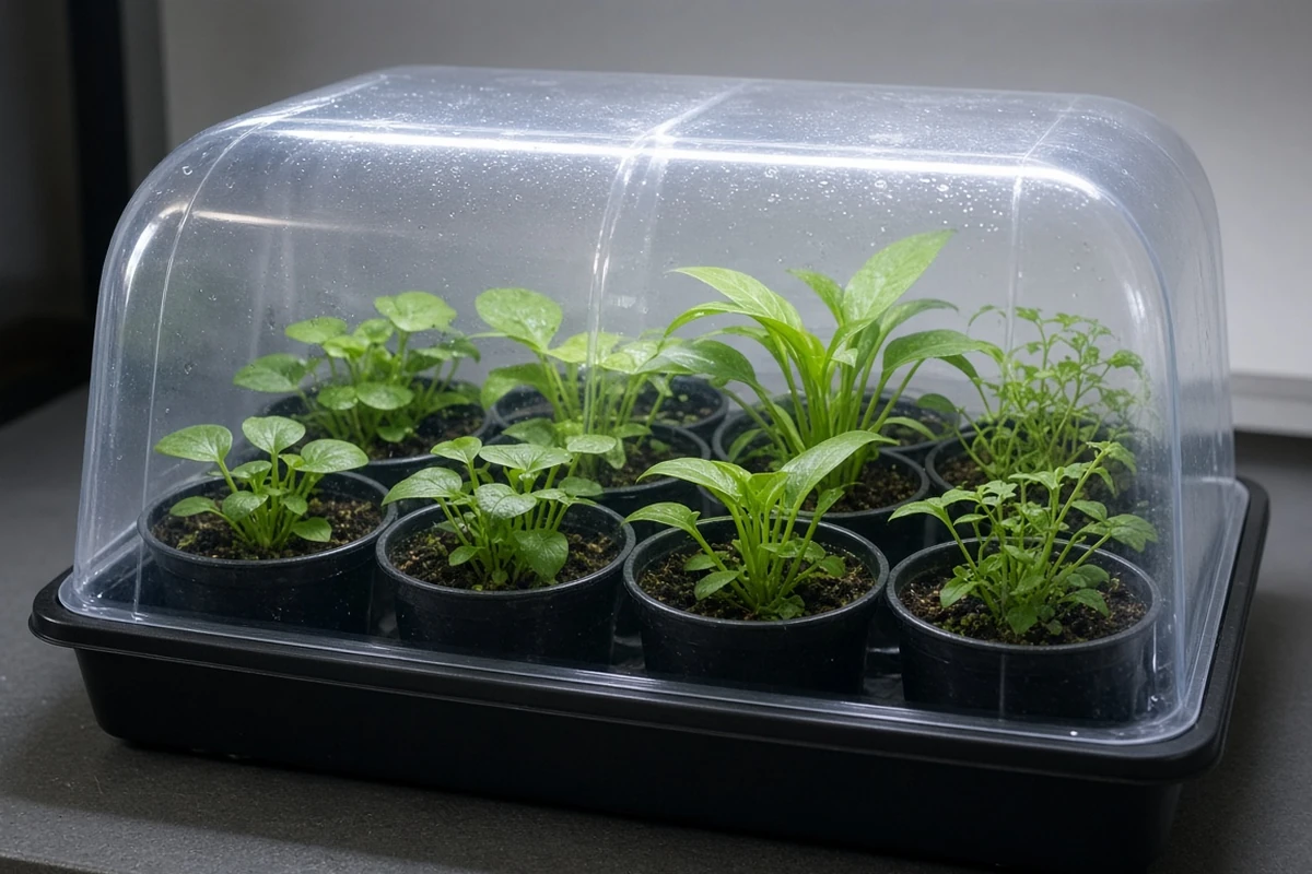 Tray of emersed aquatic plants under a grow light