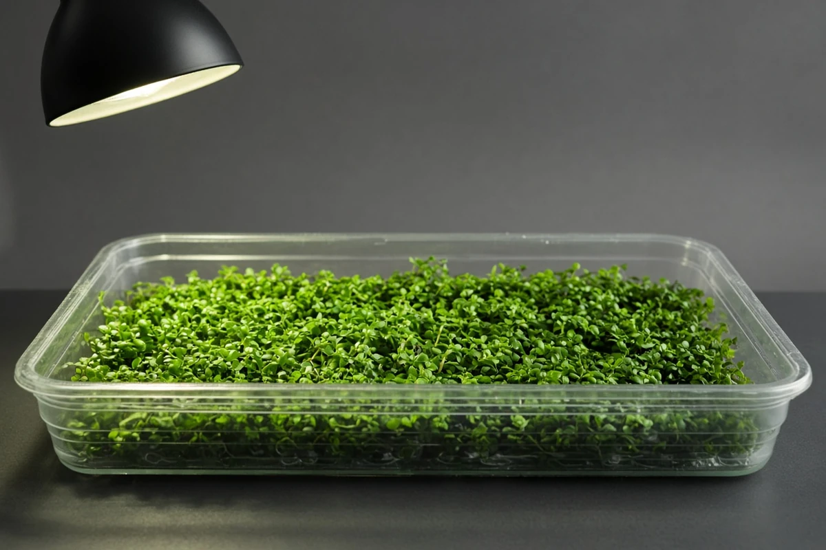 Tray of emersed carpet plants under a lamp