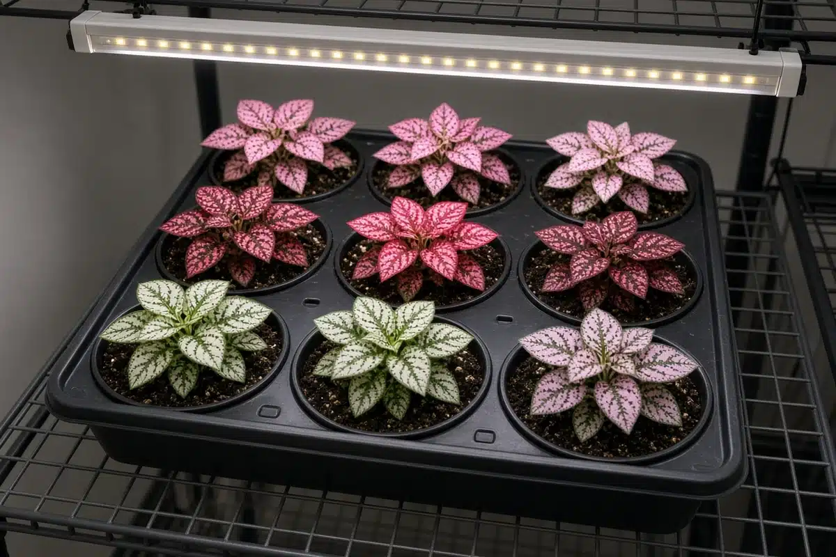 Tray of hypoestes plants under a grow light