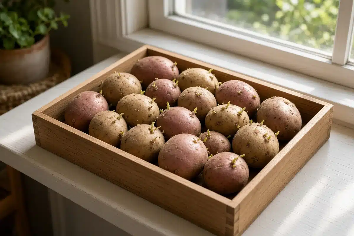 Tray of potatoes in a bright window