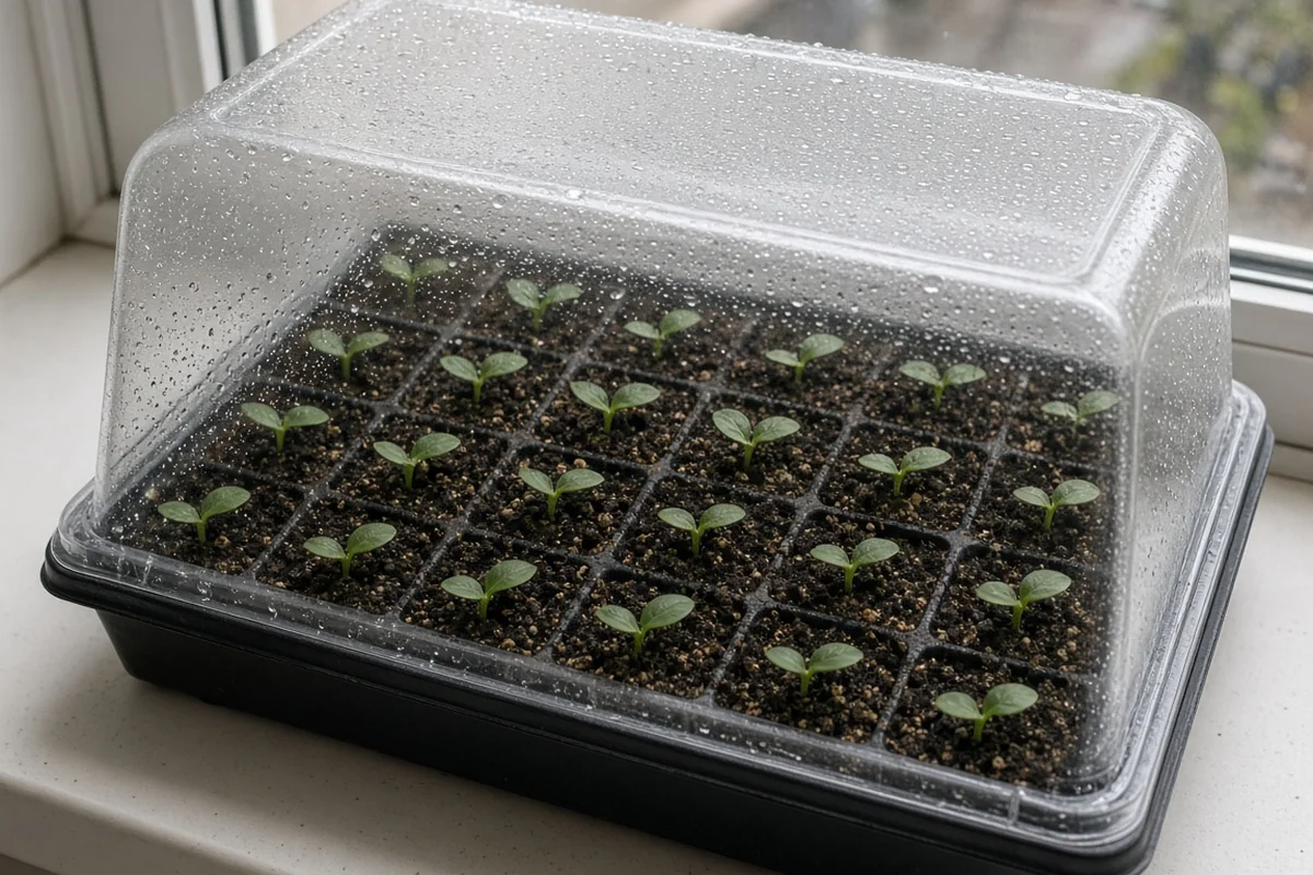 Tray of small young plants under a clear cover