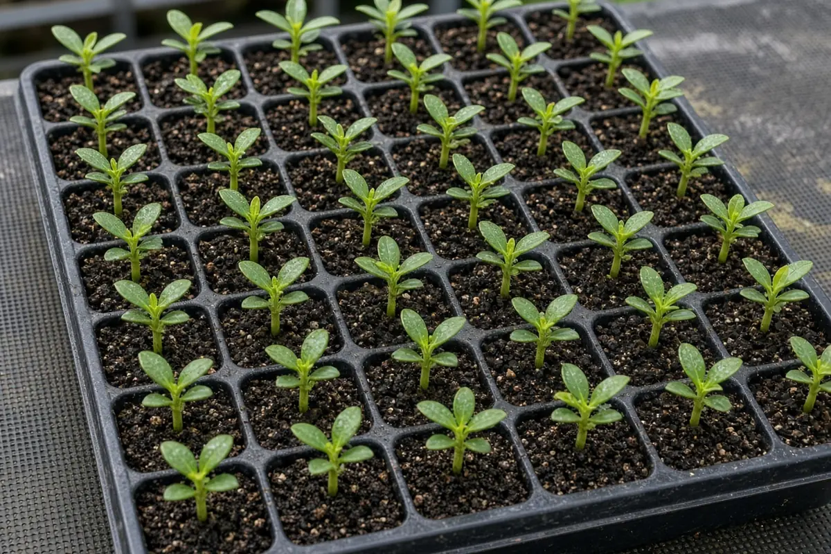 Tray of young plants in moist rooting mix