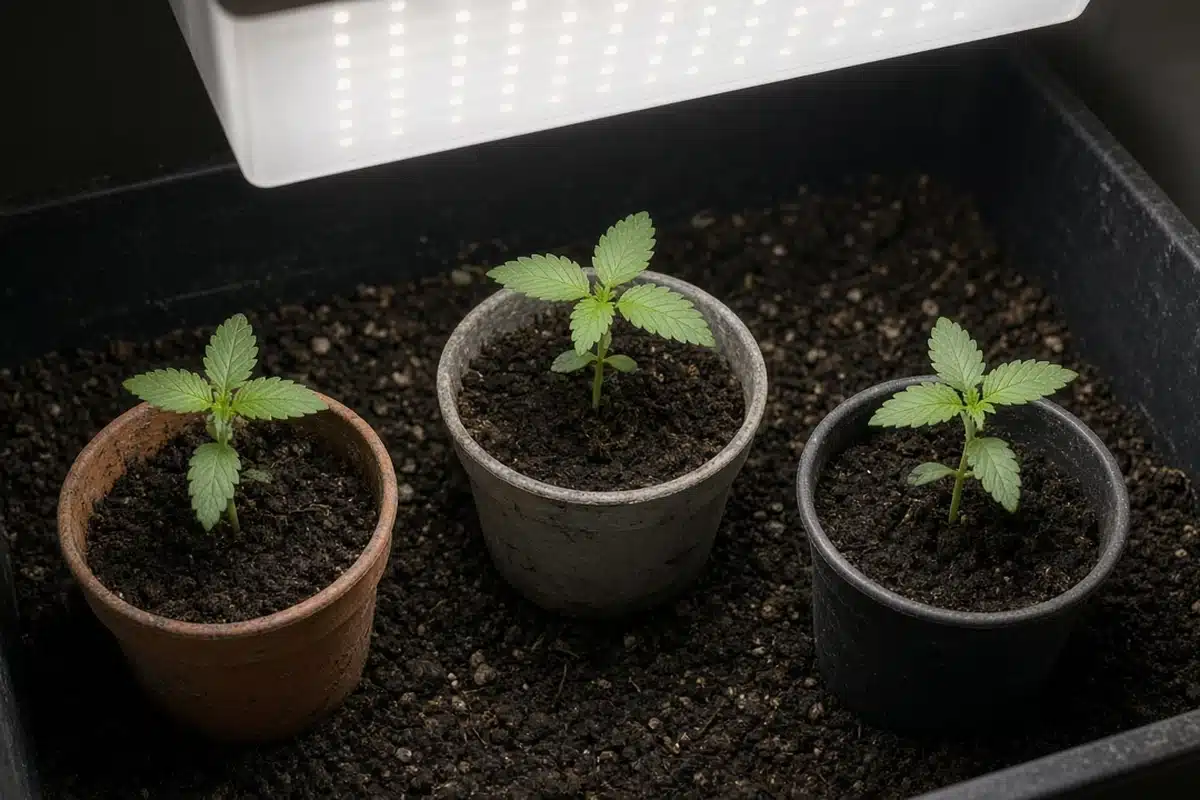 Tray of small cannabis seedlings showing their second set of three-blade leaves under a grow light