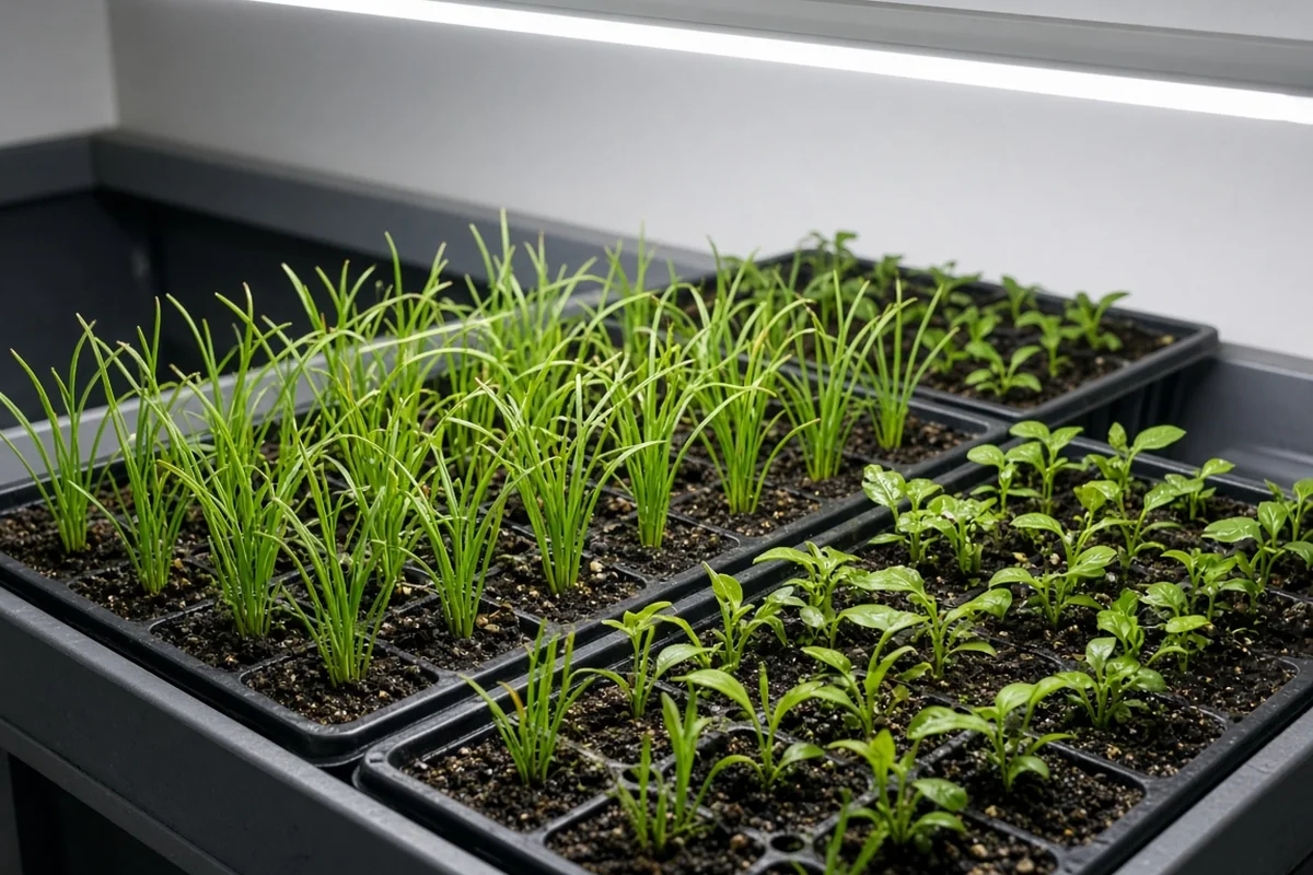 Trays of young wetland perennials under a grow light