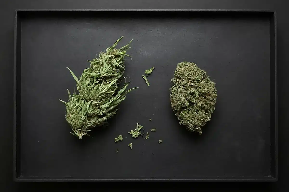 Trimmed and untrimmed cannabis buds side by side