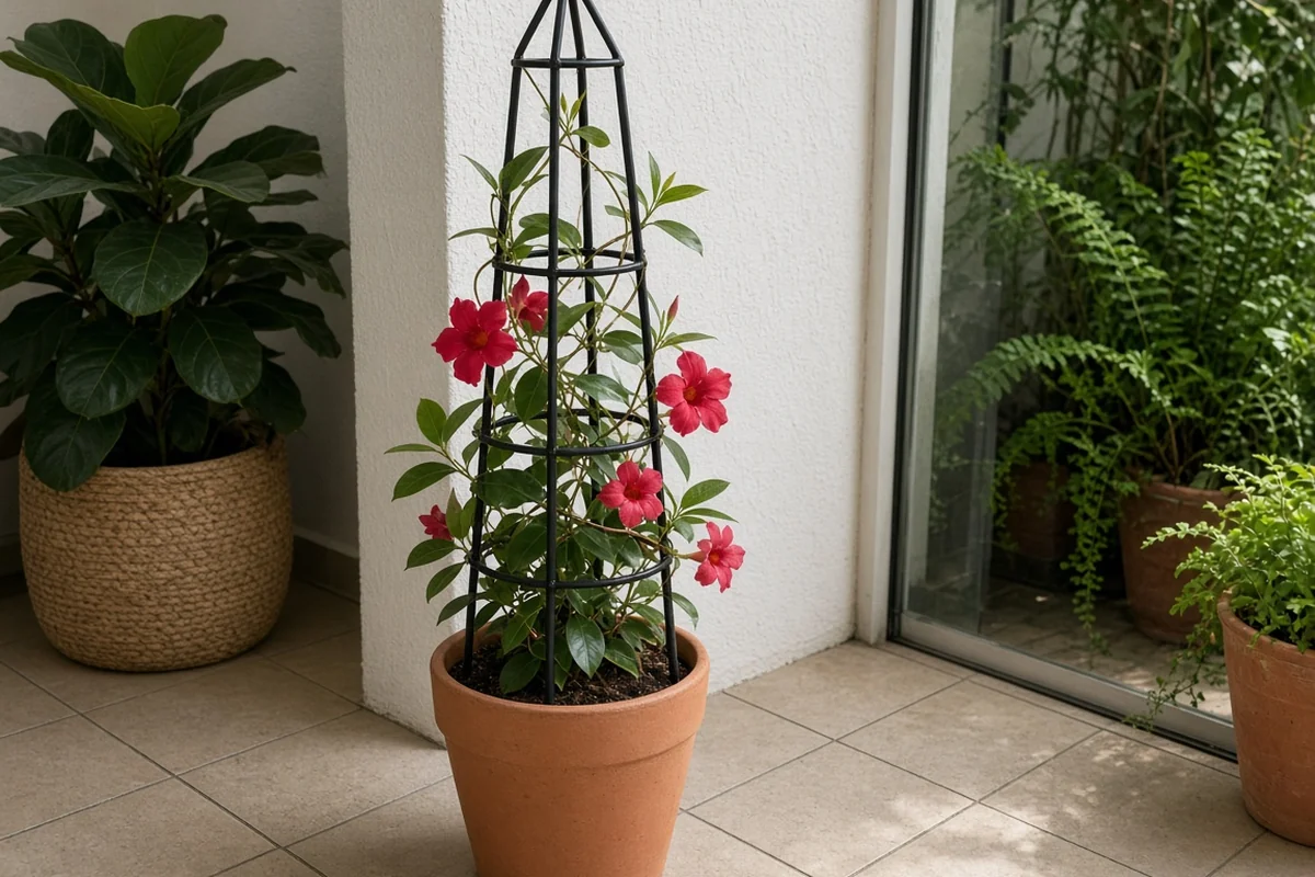 Trimmed mandevilla on a trellis indoors