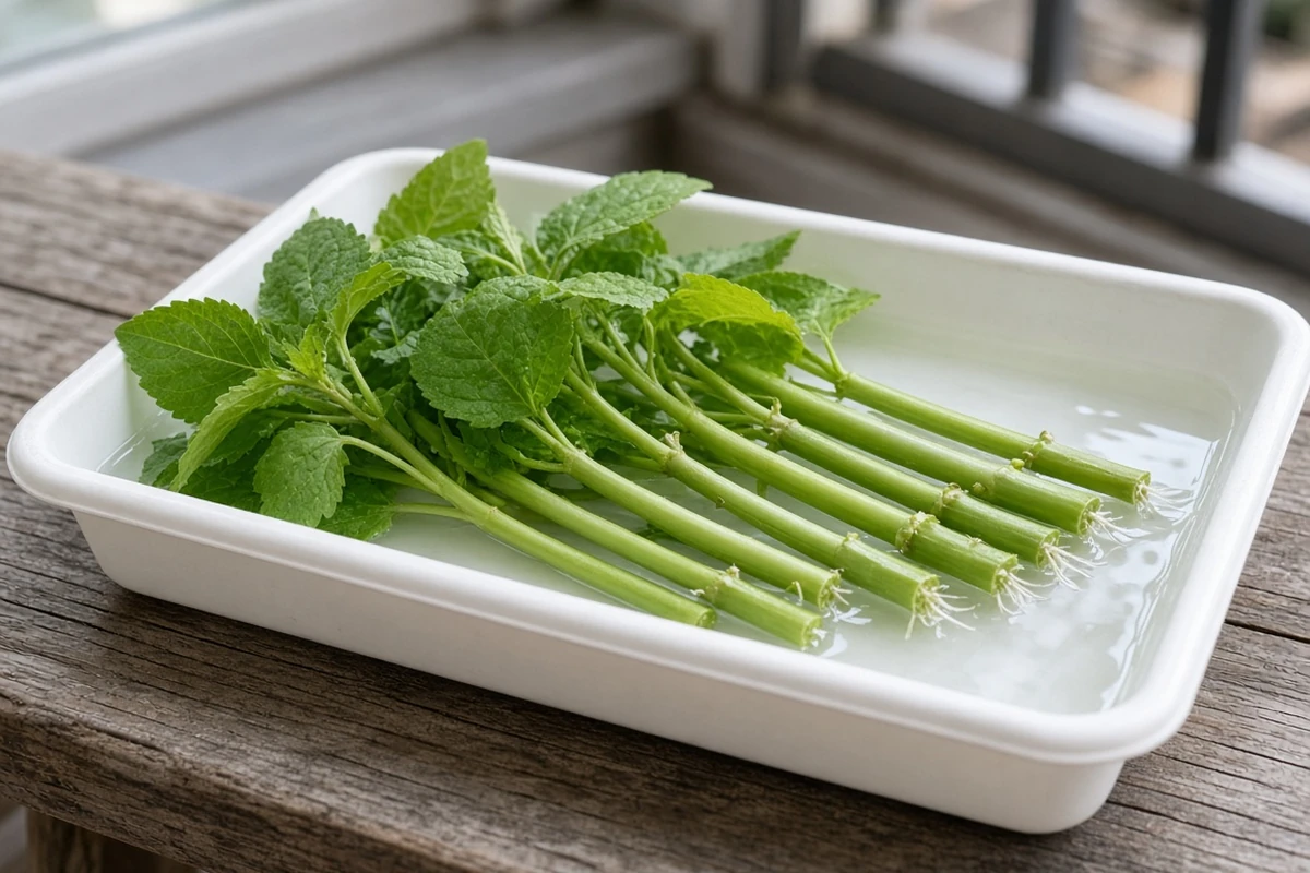 Trimmed stem plants rooting in a tray