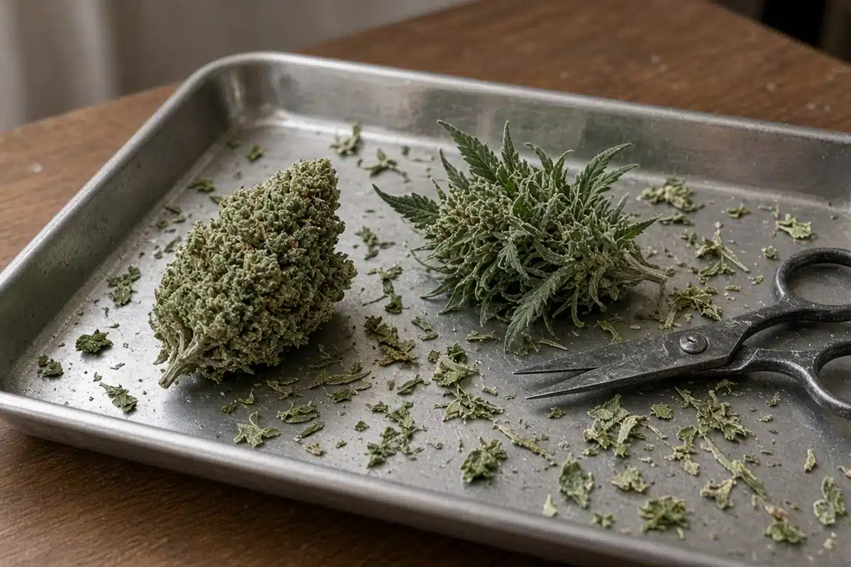 Trimmed and untrimmed cannabis buds side by side on a tray