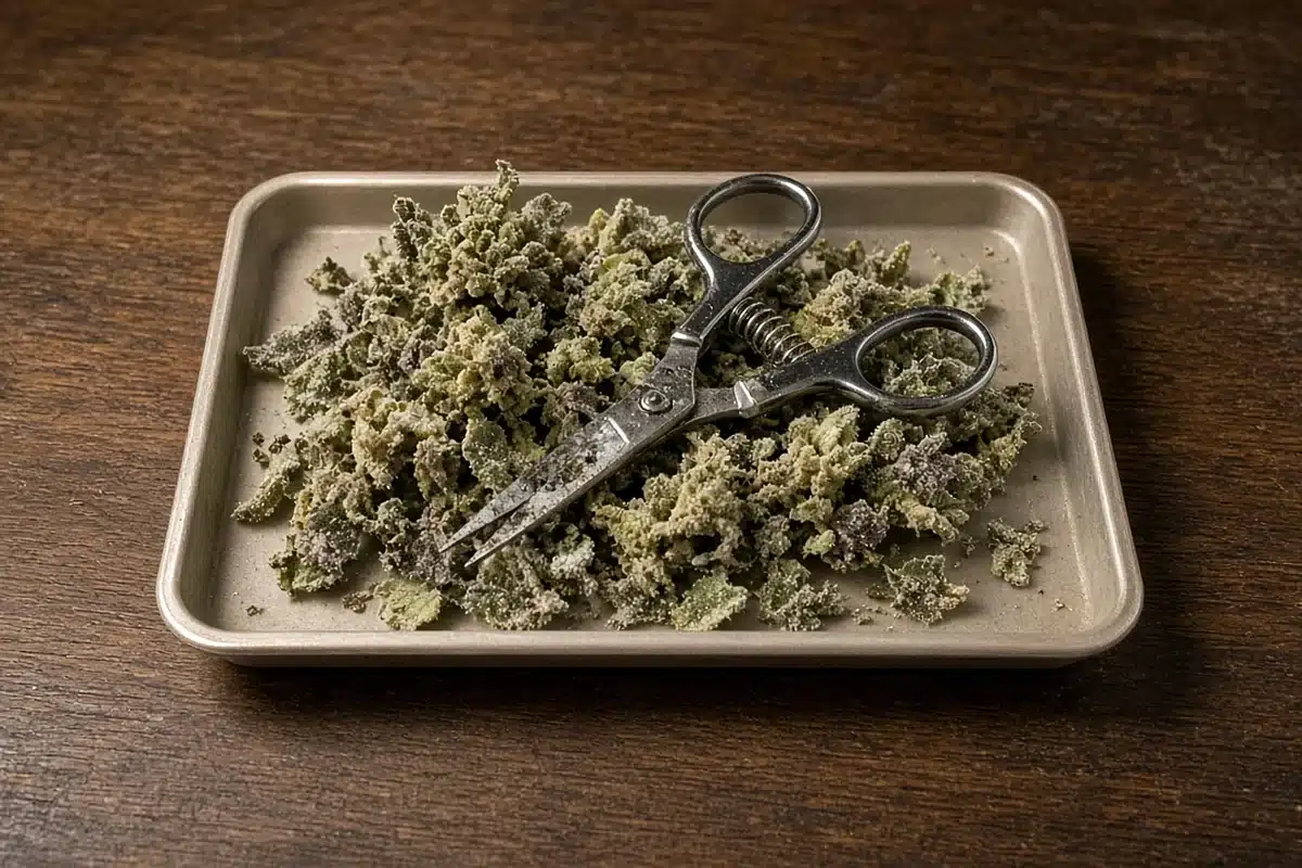 Trimming scissors and a tray of sugar leaves