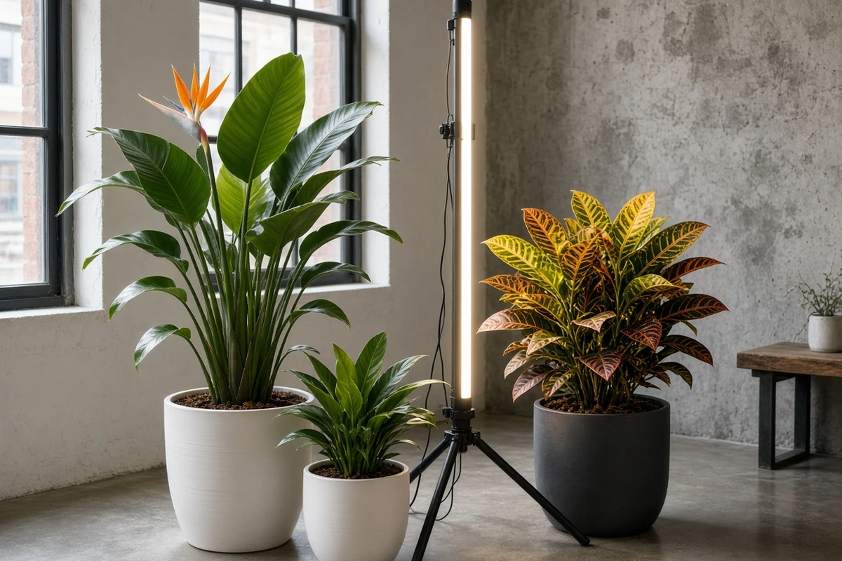 Tropical potted plants under a grow light
