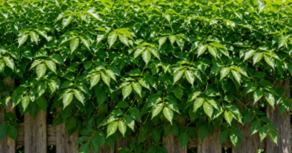 Leafy trumpet vine covering a wooden fence with no flowers