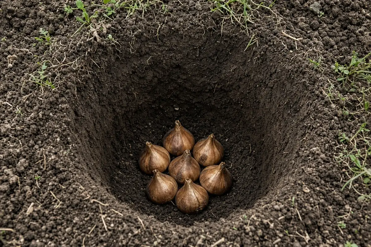 Tulip bulbs set deep in a planting bed