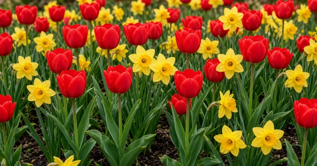 Tulips and daffodils blooming together in spring