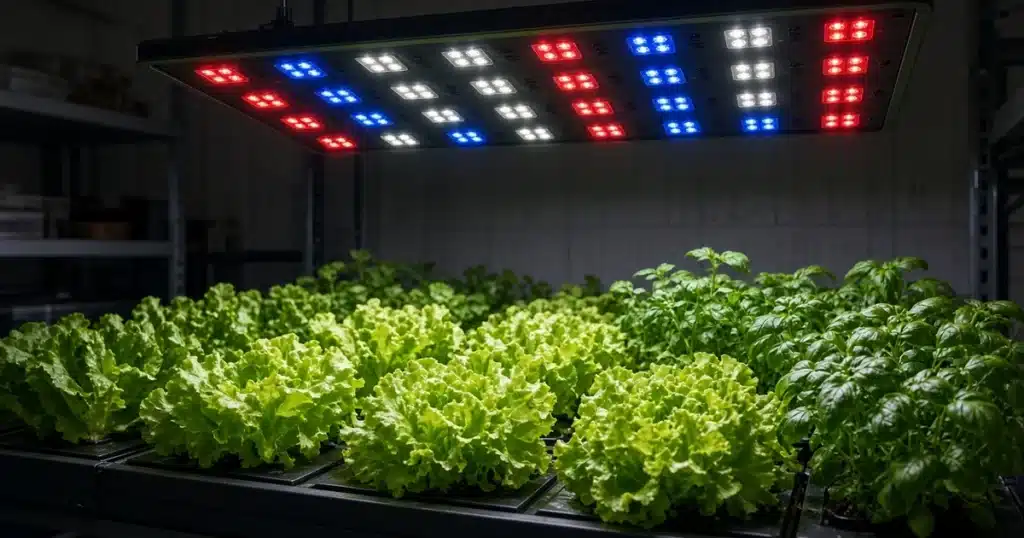 LED grow light with several color channels over plants