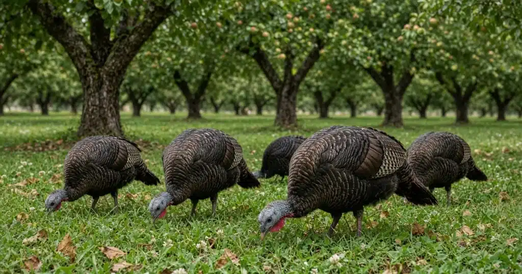 Small flock of heritage turkeys foraging under fruit trees
