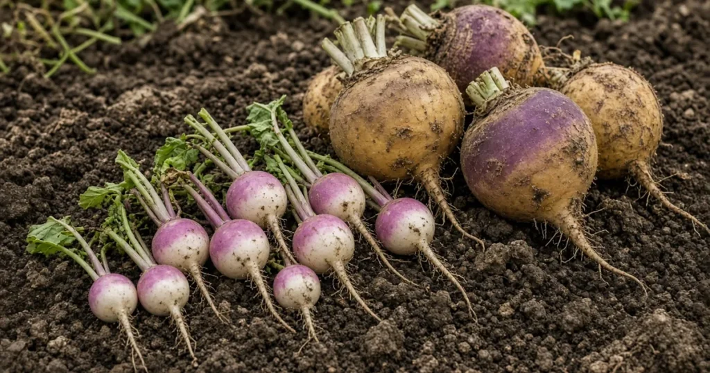 Turnips and rutabagas side by side
