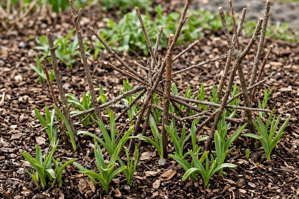 Twiggy stakes set among spring perennial shoots