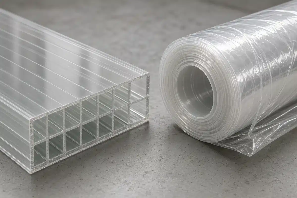 Edge of a twin wall polycarbonate panel showing hollow channels next to a roll of clear greenhouse film