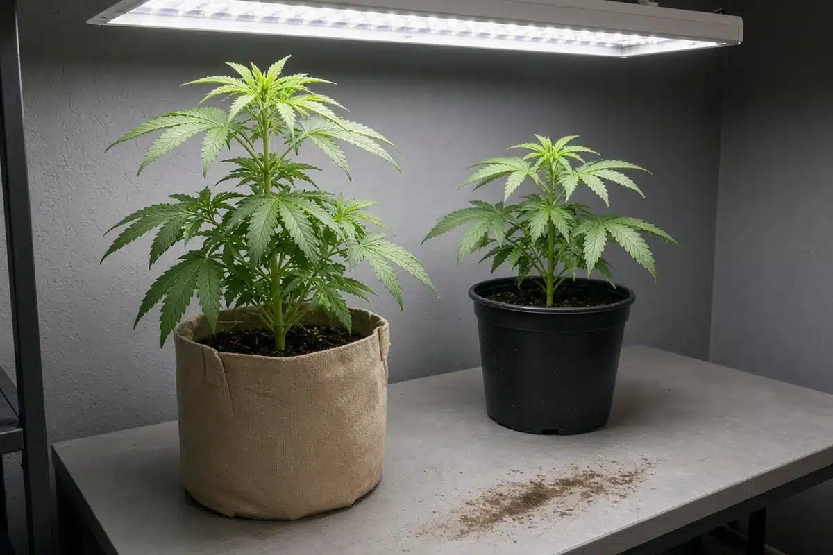 Two cannabis plants in different pots on a bench, one slightly taller, under a grow light