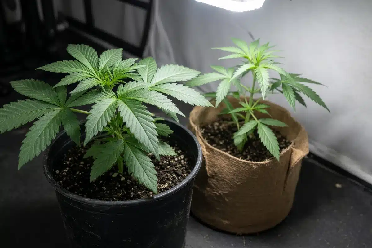 Close view of two cannabis plants side by side, one broad-leafed and one narrow-leafed