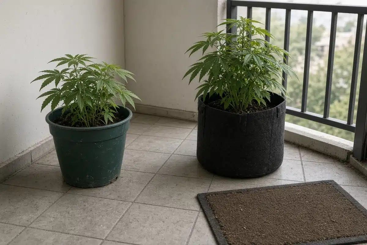 Two compact cannabis plants in pots on a small balcony floor