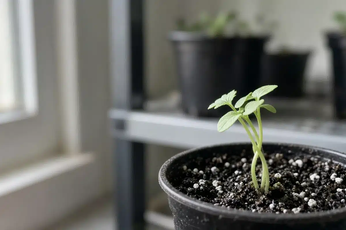 Two tiny cannabis seedlings growing close together from one spot in a small pot