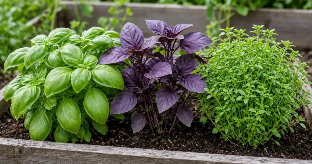 Several basil types growing together