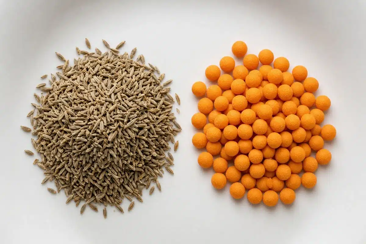 Uncoated and coated seeds side by side