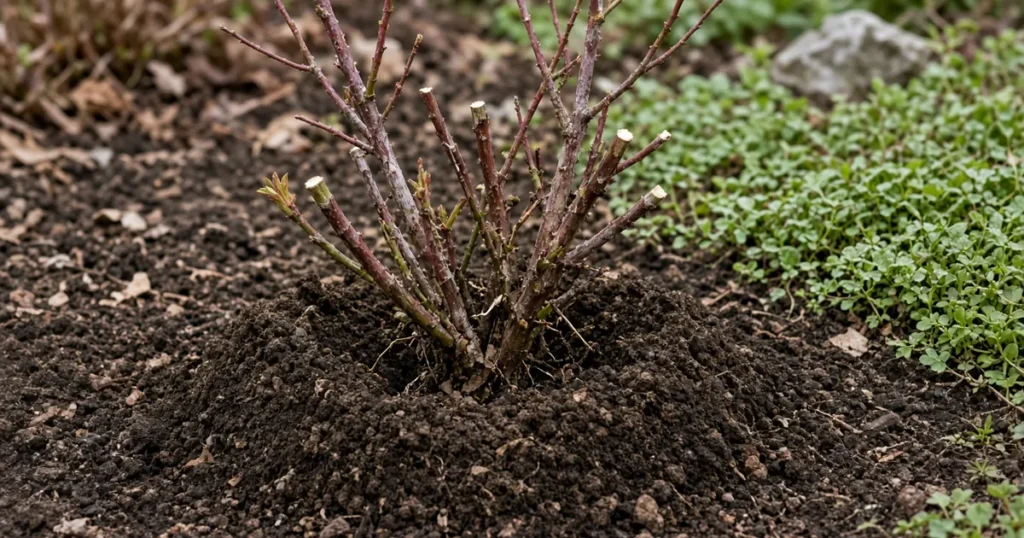 Rose bush with a soil mound partly pulled back in spring