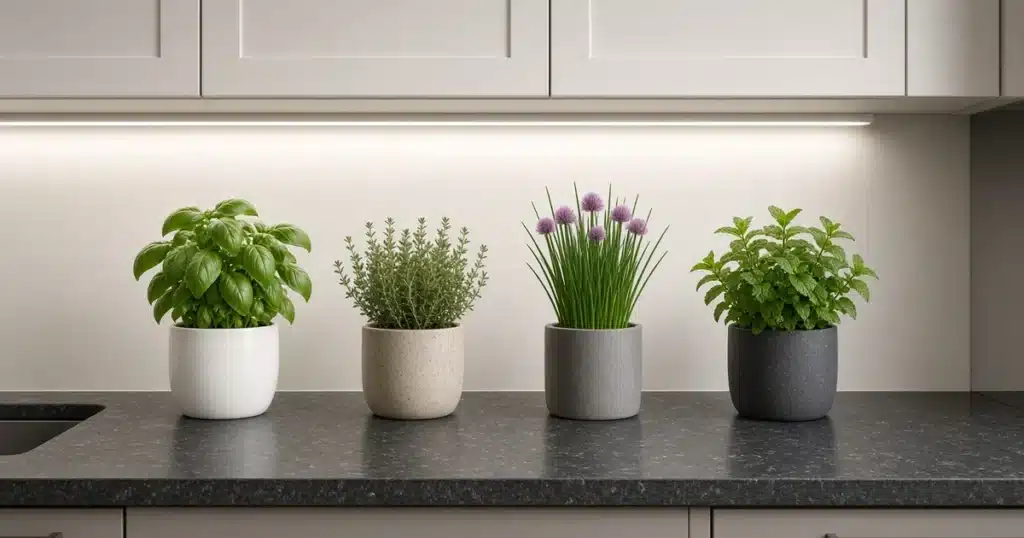 Herbs in small pots on a counter under LED strip lights