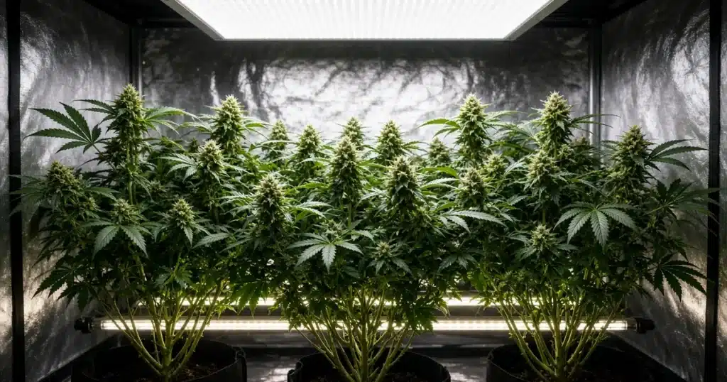 Flowering cannabis lit from above by a main fixture and from below by slim LED bars under the canopy