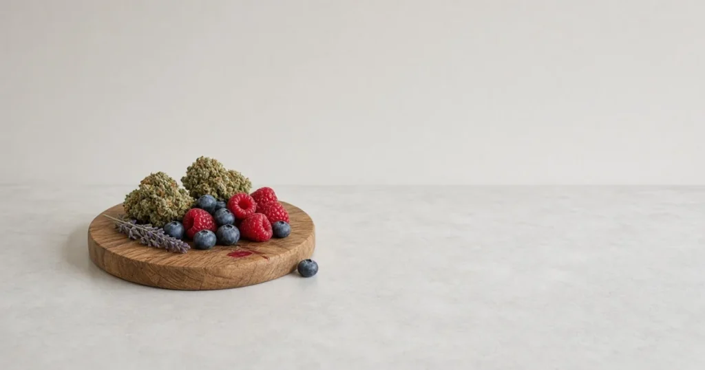 Cannabis buds beside fresh berries and a lavender sprig