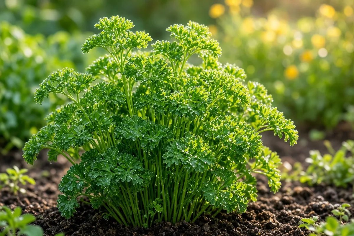 Upright green parsley leaves