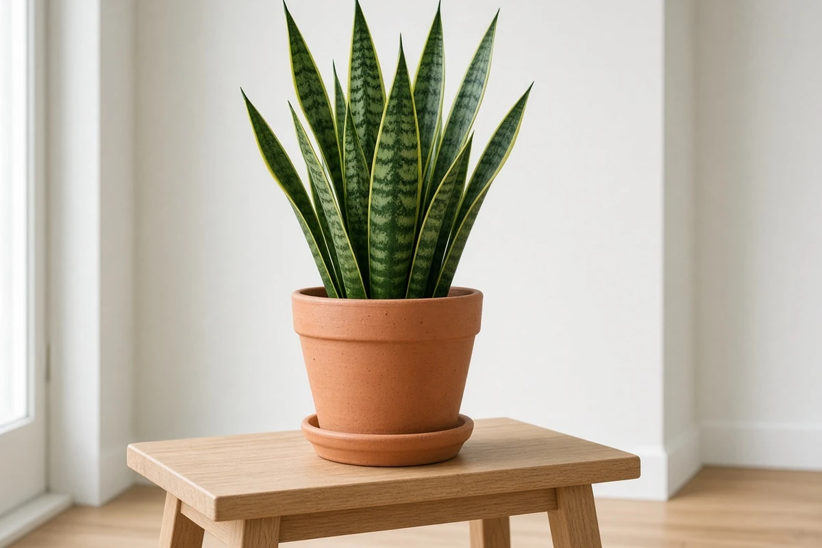 Upright snake plant in a clay pot