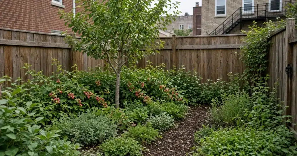 Small city yard with layered plantings