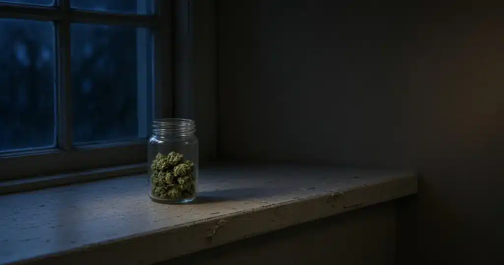 Moonlit bedroom window with a jar of cannabis on the sill