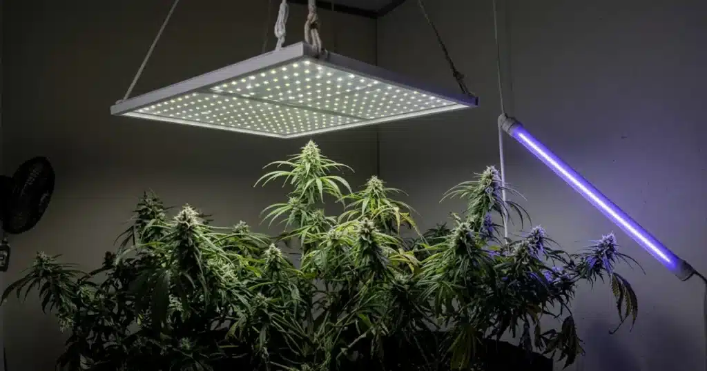 Indoor cannabis plants under LED grow lights with a separate UV light bar